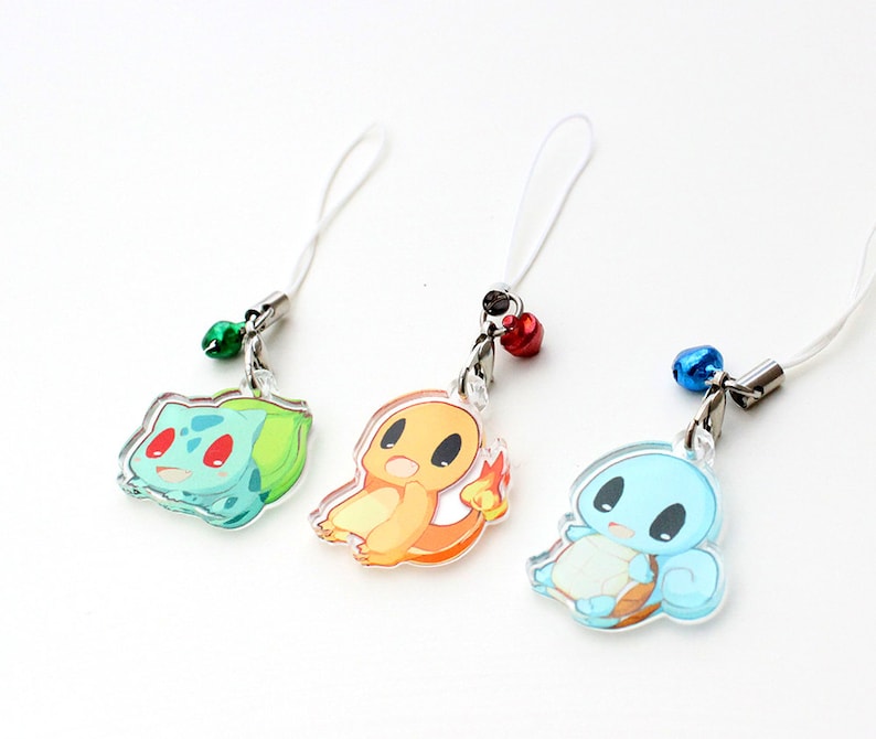 Pokemon Kanto Starters - Bulbasaur, Charmander, Squirtle 1' Mini Acrylic Charm with Phone Strap (Double Sided Front & Back) 