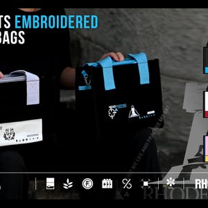 May include: Black canvas bags with embroidered designs. The bags have white and blue accents, with the text "ARKNIGHTS EMBROIDERED CANVAS BAGS". Five different colour schemes are shown, including blue, red, grey, pink, and yellow.