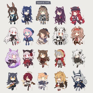 Może przedstawiać: Cyfrowa ilustracja przedstawiająca 20 postaci w stylu anime, każda z unikalnymi cechami i strojami. Postacie są ułożone w siatce czterech rzęd&oacute;w i pięciu kolumn. Wszystkie postacie są kobiece i mają duże oczy oraz kolorowe włosy. Obrazek nosi tytuł "gacha list".