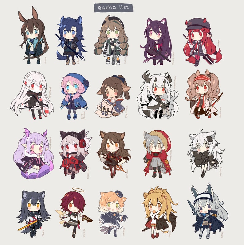 Może przedstawiać: Cyfrowa ilustracja przedstawiająca 20 postaci w stylu anime, każda z unikalnymi cechami i strojami. Postacie są ułożone w siatce czterech rzęd&oacute;w i pięciu kolumn. Wszystkie postacie są kobiece i mają duże oczy oraz kolorowe włosy. Obrazek nosi tytuł "gacha list".