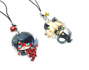 Ladybug, Chat Noir - (Miraculous Ladybug) Hand-Drawn Double Sided Front & Back Acrylic Charms with Phone Strap