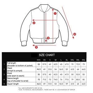 May include: Size chart for a jacket with measurements in inches for chest, waist, sleeve length, full length, and zipper length. Sizes range from XXS to 4XL.