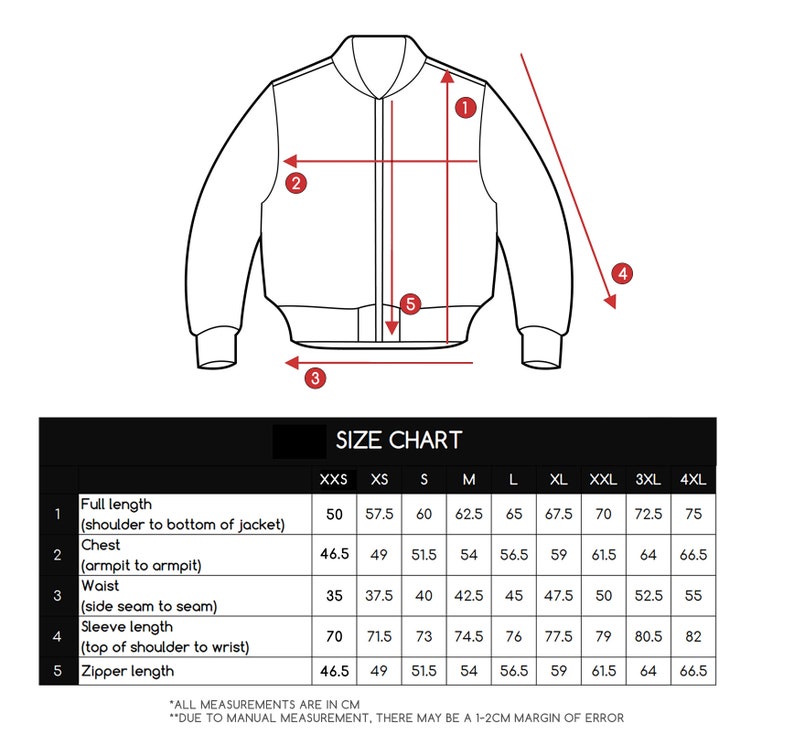 May include: Size chart for a jacket with measurements in inches for chest, waist, sleeve length, full length, and zipper length. Sizes range from XXS to 4XL.