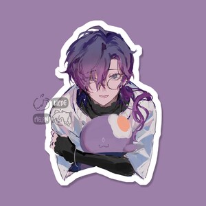 May include: A sticker featuring a cartoon character with purple hair, wearing glasses and a white shirt, holding a purple plush toy with an orange egg on its head.