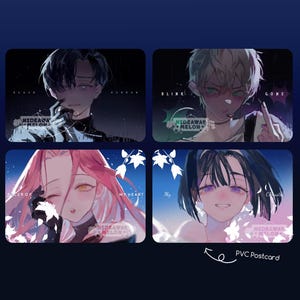 May include: Four PVC postcards featuring anime-style illustrations of characters with various hair colors and expressions. Each card has text, including "BLACK SORROW", "BLINK GONE", "RULER OF MY HEART", and "My Cali". The "HIDEAWAY MELON" logo appears on each card.