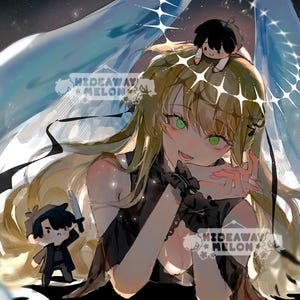 Puede incluir: Ilustración de estilo anime que presenta a una mujer con cabello largo rubio, ojos verdes y alas de ángel. Una pequeña figura está sobre su cabeza, y otra sostiene un cuchillo. La imagen tiene un fondo oscuro con estrellas y el texto "HIDEAWAY MELON".