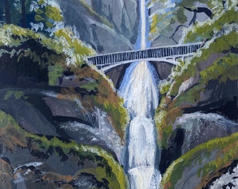 May include: A painting depicting a waterfall tumbling down a rocky cliff face, with a bridge crossing the water above the falls. Abundant green foliage surrounds the waterfall, creating a tranquil and scenic view.