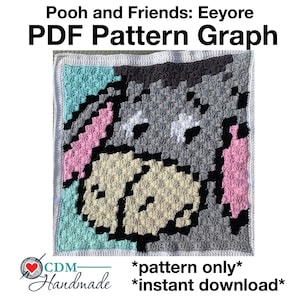 Może przedstawiać: Schemat wzoru na szydełku dla szarego Eeyore'a z Kubusia Puchatka. Schemat jest w formacie PDF i jest dostępny do pobrania natychmiast. Tekst "CDM-Handmade" i "*pattern only* *instant download*" znajduje się na dole obrazu.