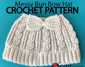 Patrón PDF de sombrero con lazo de moño desordenado cableado