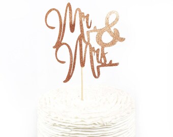 Mr & Mrs Cake Topper - Rose Gold Silver Gold - Cake Decoration - Wedding Cake Topper, Glitter Script, Engagement, Bridal Shower, Food Decor