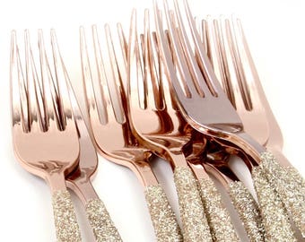 15pc+Rose Gold Forks - White Gold Glitter - Decorative Silverware, Disposable Tableware, White Gold Utensils, Handmade