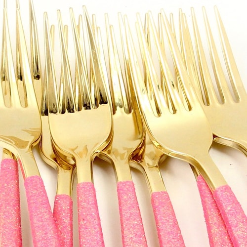 15pc Gold Forks Blush Pink Glitter Decorative Silverware Etsy