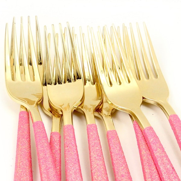 15pc+ Gold Forks - Hot Pink Glitter - Decorative Silverware, Disposable Tableware, Hot Pink Utensils, Handmade