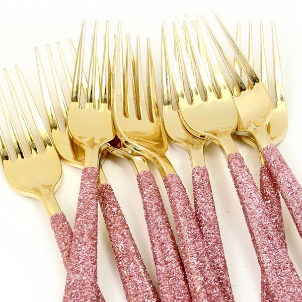 15pc+ Gold Forks - Blush Pink Glitter - Decorative Silverware, Disposable Tableware, Blush Pink Utensils, Handmade