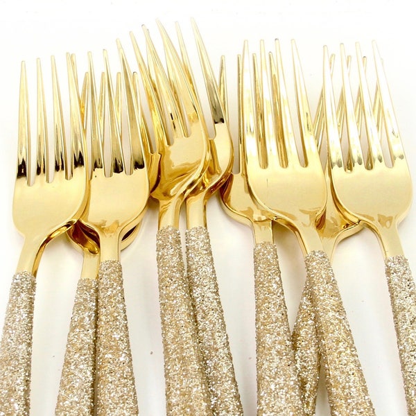 15pc+ Gold Forks - White Gold Glitter - Decorative Silverware, Disposable Tableware, White Gold Utensils, Handmade