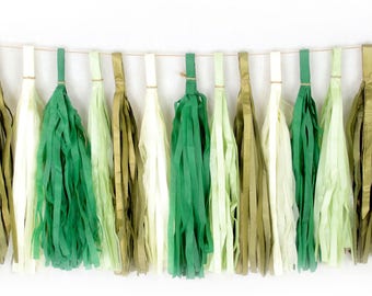 15+ Tassel Garland - Green Gold Cream Pistachio Tassels- "Forest Fancy" Tassel Banner - Backdrop, DIY Party Decor, Birthday