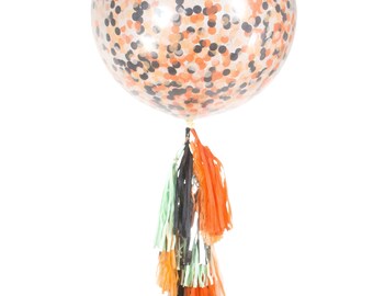 Large Confetti Balloon - Tangerine Orange Peach Black Giant Confetti Balloon- 36” “Hocus Pocus"  XL Halloween Party Prop