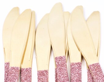 15pc+ Gold Knives - Blush Pink Glitter - Decorative Silverware, Disposable Tableware, Blush Pink Utensils, Handmade