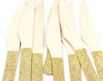 15pc+ Wood Glitter Knife - Gold Glitter - Decorative Silverware, Disposable Tableware, Gold Utensils, Handmade