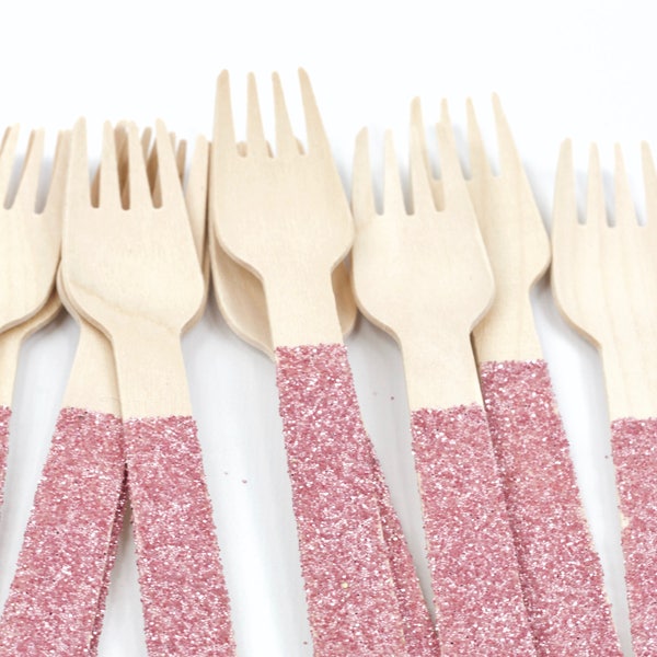 15pc+ Wood Glitter Fork - Blush Pink Glitter - Decorative Silverware, Disposable Tableware, Blush Pink Utensils, Handmade