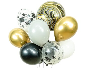Balloon Cluster - Black White Gold Chrome Giant Balloons- “Congrats Grad”, Grad Party, Graduation Decor, Graduation Table Centerpiece