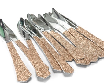 15pc+ Silver Knives - Rose Gold Glitter - Decorative Silverware, Disposable Tableware, Rose Gold Utensils, Handmade, Sparkle