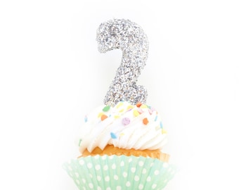 3" Number 2 Candle - Silver - Two Cake Topper, Birthday Decor, Second, 2nd Anniversary, Glitter Topper, Sparkle, Cupcake Candle