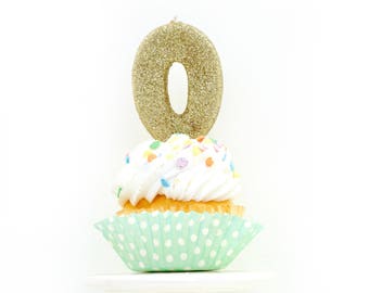 3" Number 0 Candle - Gold - Zero Cake Topper, Gold Birthday Decor, Anniversary, Glitter, Sparkle Cake Topper, Cupcake Decor