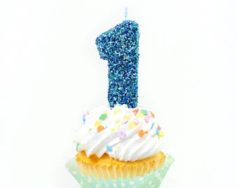 3" Number 1 Candle - Blue - "Coastal Sparkle" One Cake Topper, Birthday, First, 1st Anniversary, Glitter, Smash Cake Candle