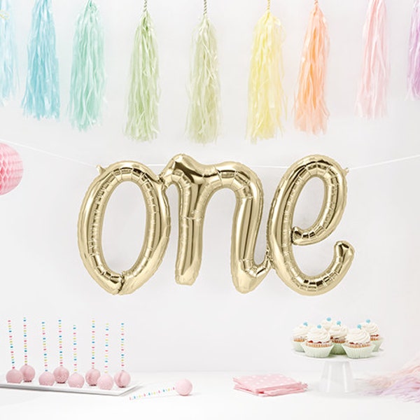 Giant "One" Balloon - White Gold Champagne Script ONE First Birthday Balloon, Letter First Birthday Photo Prop for Baby Smash Cake