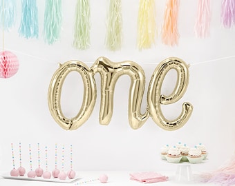 Giant "One" Balloon - White Gold Champagne Script ONE First Birthday Balloon, Letter First Birthday Photo Prop for Baby Smash Cake