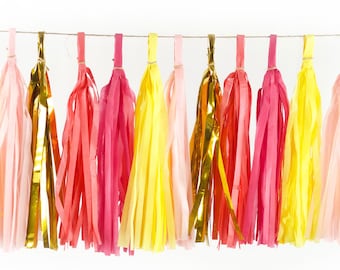 15+ Tassel Garland - Gold Coral Yellow Hot Pink Tassles- "Mai Tai" Tassel Banner - Backdrop, DIY Party Decor, Birthday, Shower