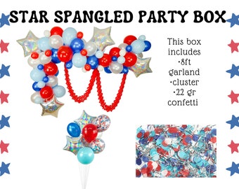 Star Spangled Party Box Kit- Red White and Blue Garand, Cluster, and Confetti for 4th of July, Presidents Day, Memorial Day