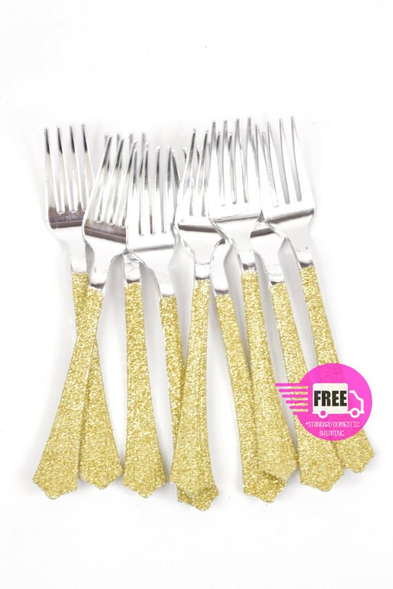 Silver Plastic Fork Gold Glitter Silverware Gold Glitter Etsy