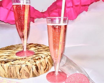 15+ Glitter Champagne Flutes - Blush Pink Sparkle Disposable Flute- Decorative Drinks, Glittered Plastic Flute, Table Settings, Wedding