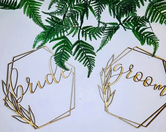 Hubby/Wifey or Bride/Groom Wood Signs - Raw Wood Wedding - Geometric Signs Custom Wedding Chair Table Decor, Botanical Wedding Decor