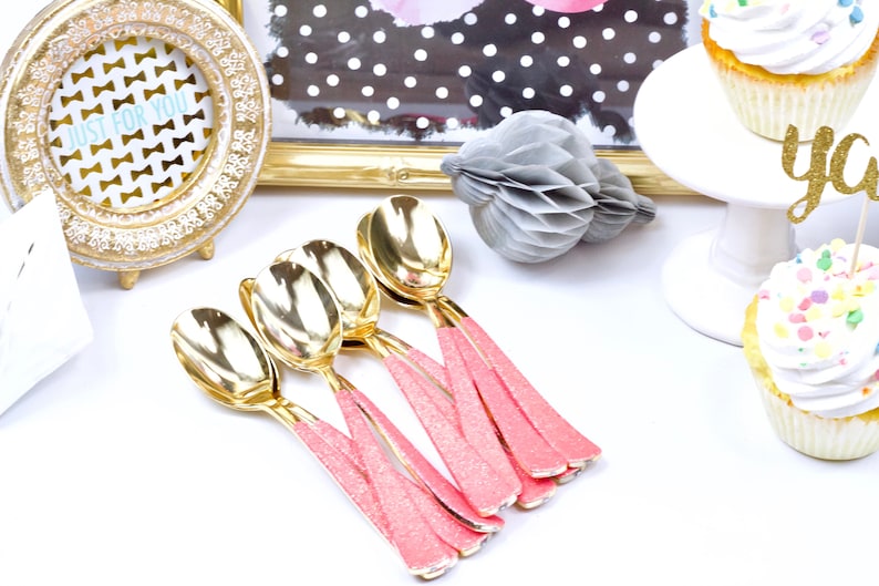 Handmade Decorative Silverware Hot Pink Utensils 15pc+ Gold Spoons Disposable Tableware Hot Pink Glitter