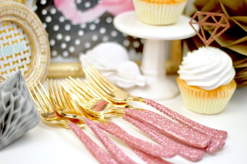 15pc Gold Forks Blush Pink Glitter Decorative Silverware Etsy