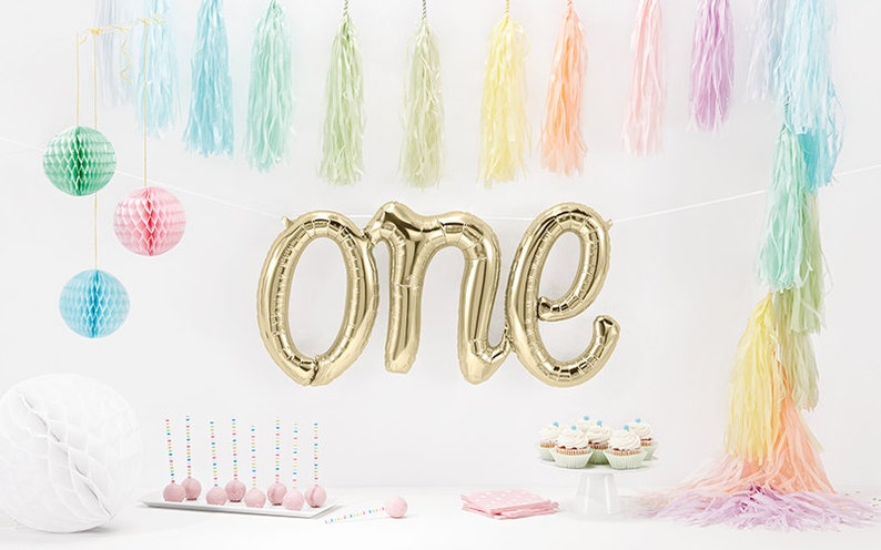 Giant One Balloon White Gold Champagne Script ONE First Birthday Balloon, Letter First Birthday Photo Prop for Baby Smash Cake image 1