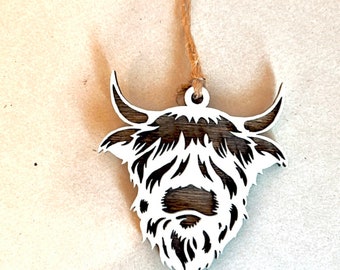 Highland Cow Car or Home Charm in Rustic/Natural or Stained