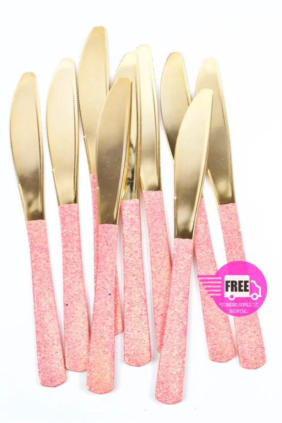 Gold Plastic Knife Hot Pink Glitter Silverware Pink Utensils Etsy