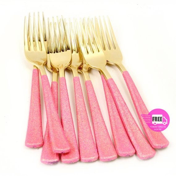 Gold Plastic Fork Hot Pink Glitter Silverware Pink Utensils Etsy