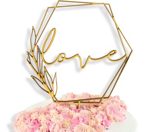 Love Script Geometric Wreath Frame Wood Cake Topper - Raw Wood Bridal Shower Cake Topper, Wedding Wooden Cake Topper, Engagement