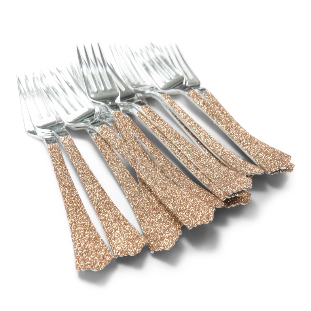 15pc Silver Forks Rose Gold Glitter Decorative Silverware, Disposable