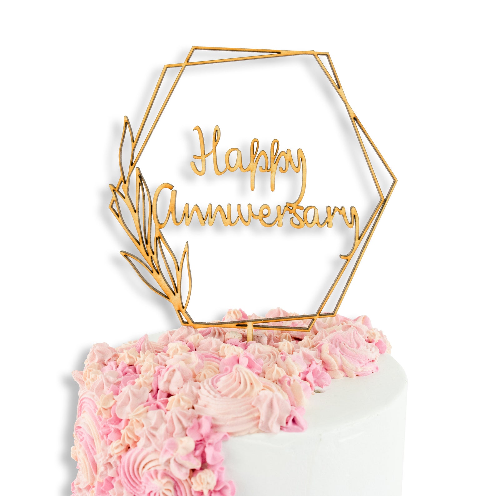 Happy Anniversary Script Wood Cake Topper Geometric Wreath Etsy