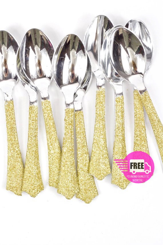 Silver Plastic Spoon Gold Glitter Silverware Gold Glitter Etsy
