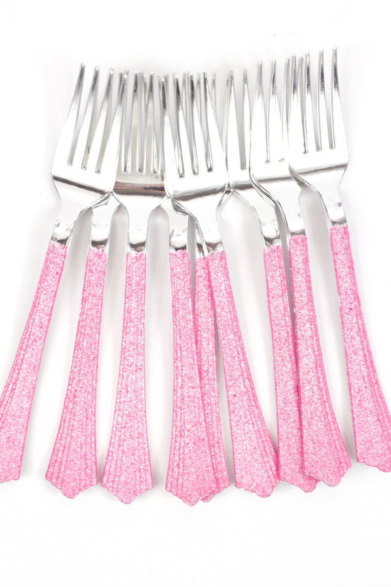 15pc Silver Forks Hot Pink Glitter Decorative Silverware Etsy