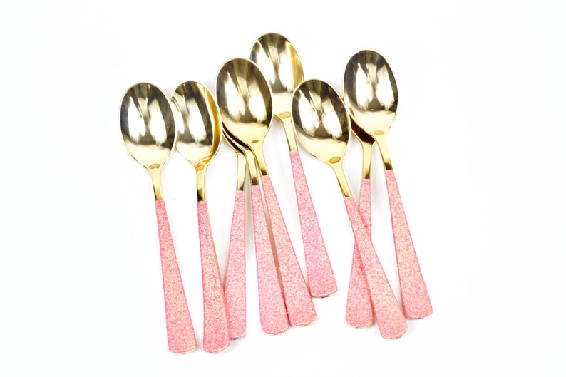 Handmade Decorative Silverware Hot Pink Utensils 15pc+ Gold Spoons Disposable Tableware Hot Pink Glitter