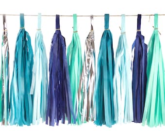 15+ Tassel Garland -Silver Navy Mint Teal Blue Tassles- "Under The Sea" Tassel Banner - Backdrop, DIY Party Decor, Birthday Boy