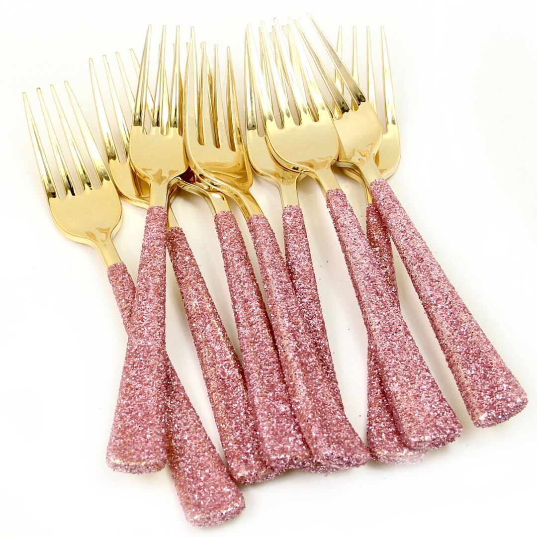 15pc Gold Forks Blush Pink Glitter Decorative Silverware, Disposable